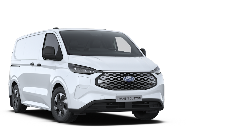 Vooraanzicht van een witte Ford E-Transit Custom