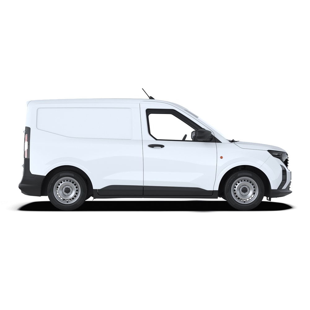 Zijaanzicht van een witte Ford Transit Courier bestelwagen.